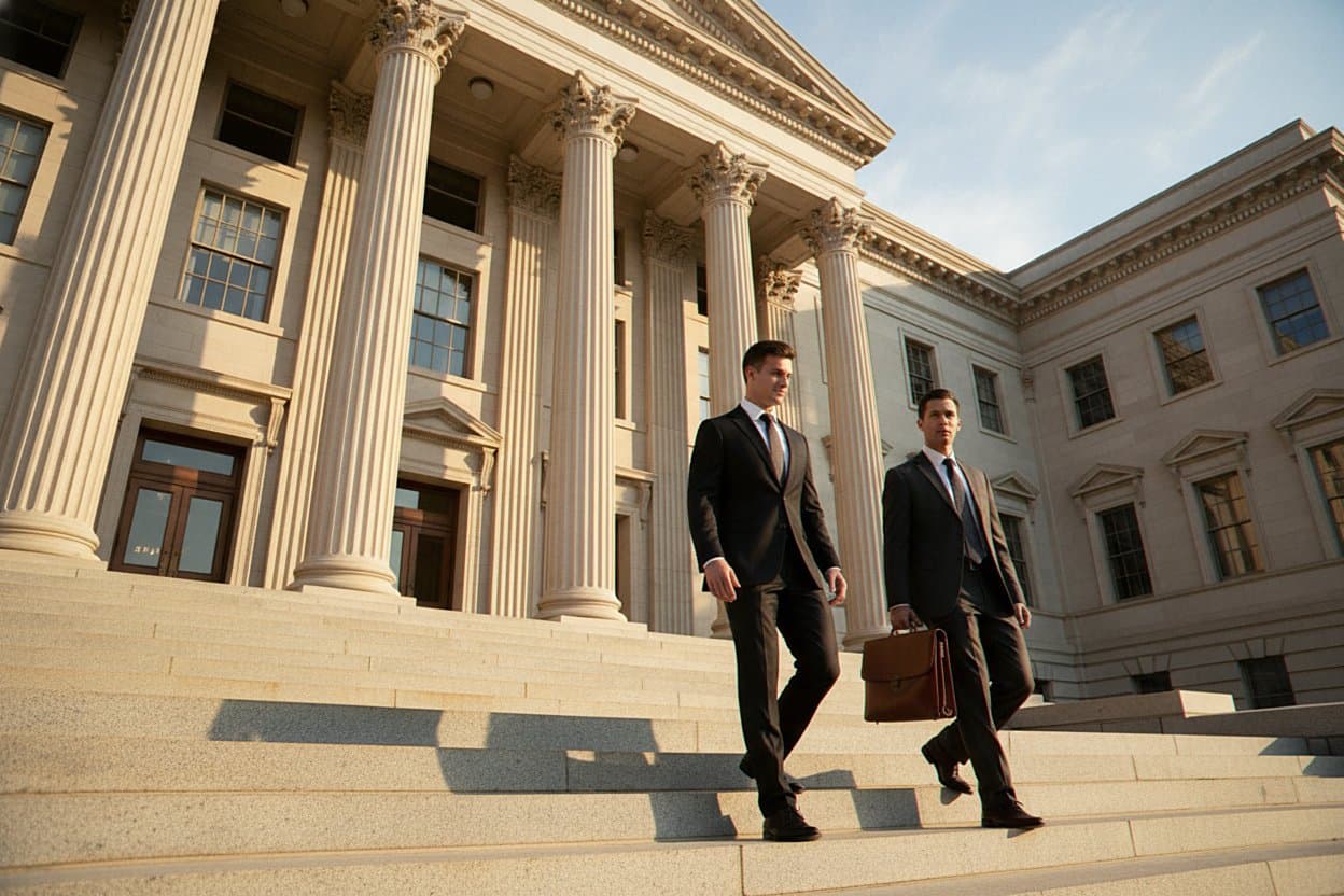Walking from courthouse with legal support