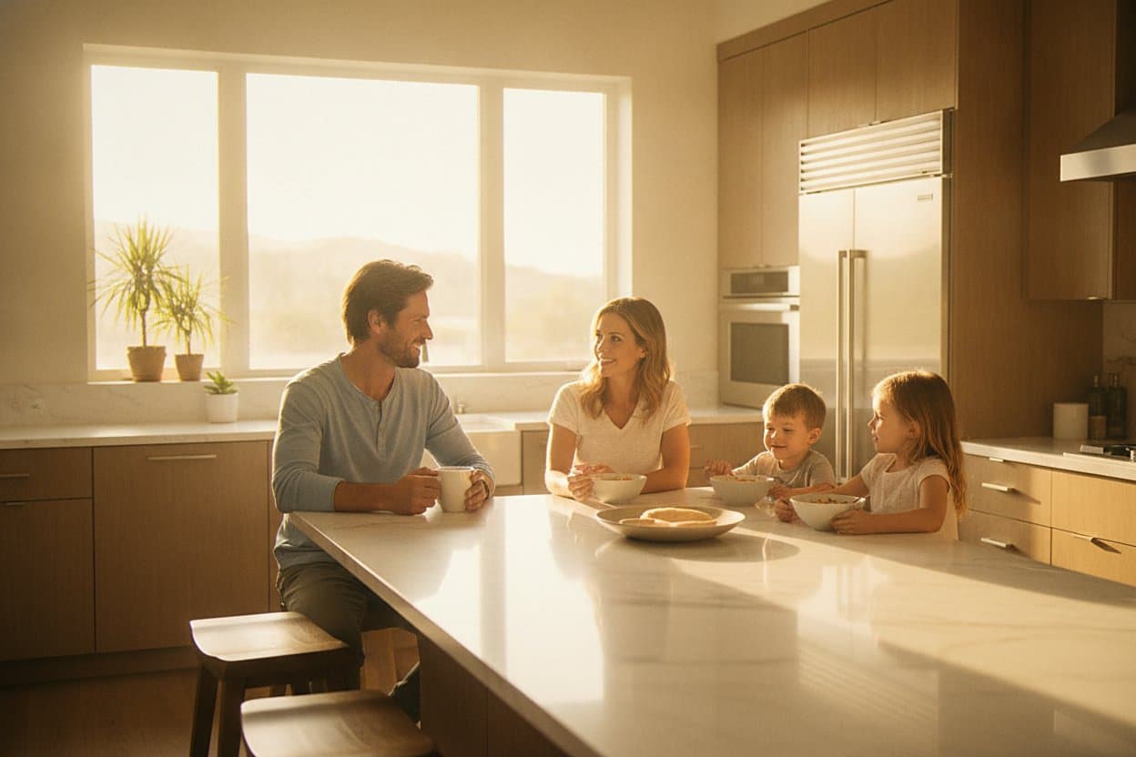 Relieved driver in bright morning kitchen