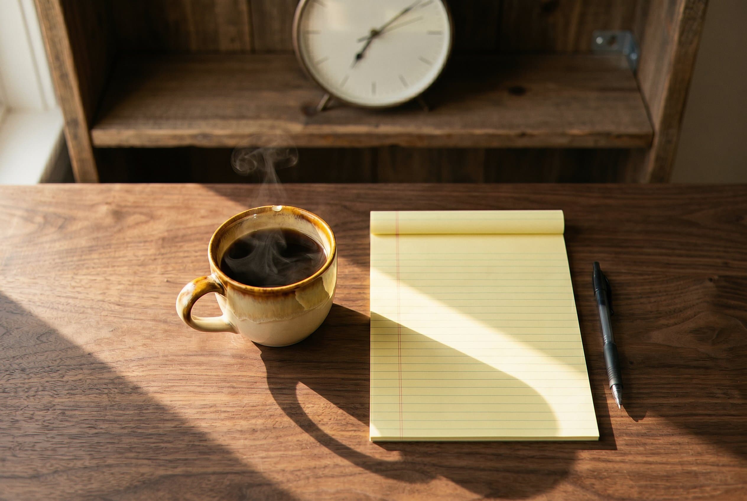 Coffee and legal pad during case preparation
