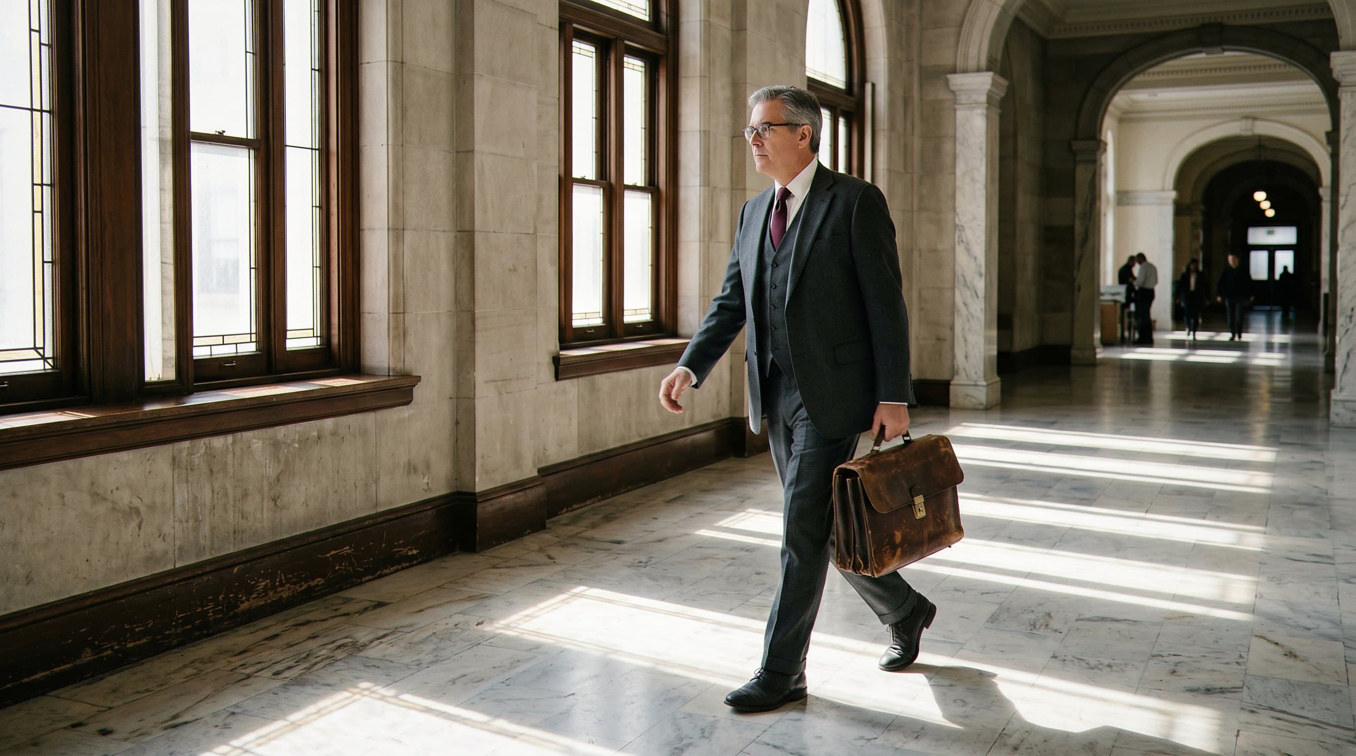 Attorney walking courthouse hallway confidently