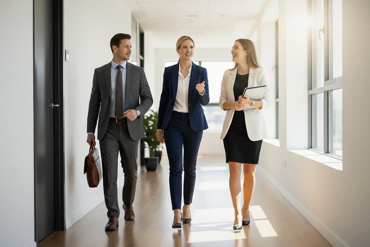 Law firm team in office hallway